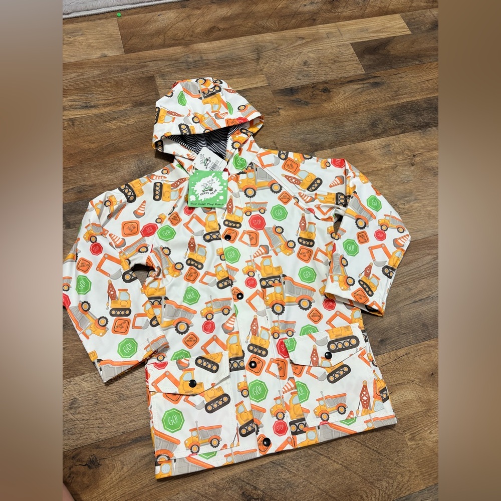 Mucky Wear Kids Construction Rain Coat Size 6T Hooded Waterproof Jacket Trucks